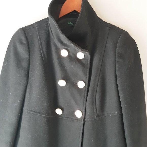 Stile Benetton Black Mid-length Wool Pea Coat Jacket | Size XS / Small - Picture 2 of 12
